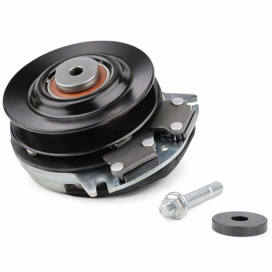 John Deere PTO clutch TCA19813 with 6.10 inch pulley 1-1/8 inch crankshaft bore CCW rotation on white background.