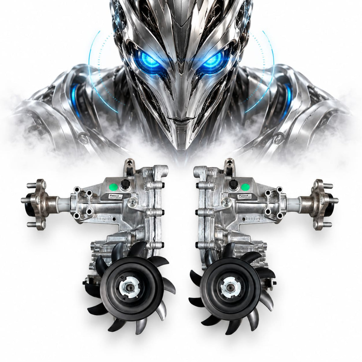 Artistic image of robot alien inspecting LH and RH Hydro-Gear EZT transaxles for Toro TimeCutter 131-3640 and 131-3641