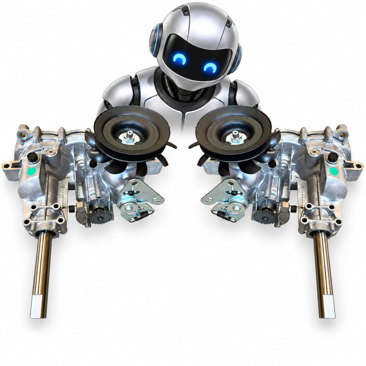 Silver robot overlooking mirrored Hydro-Gear transaxles for Cub Cadet Ultima ZT1 mowers