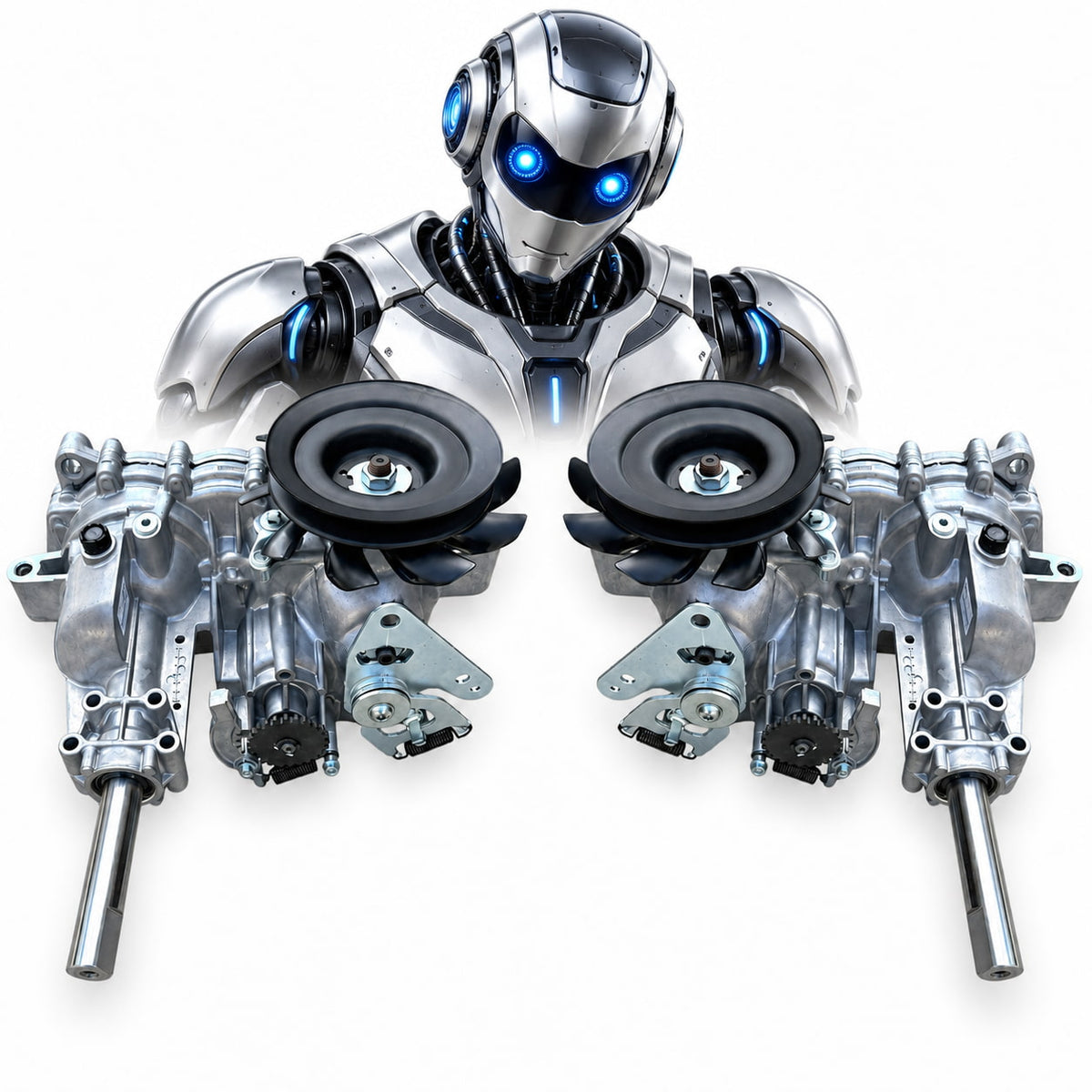 Silver robot overlooking a mirrored Hydro-Gear transaxle pair for Cub Cadet zero-turn mowers