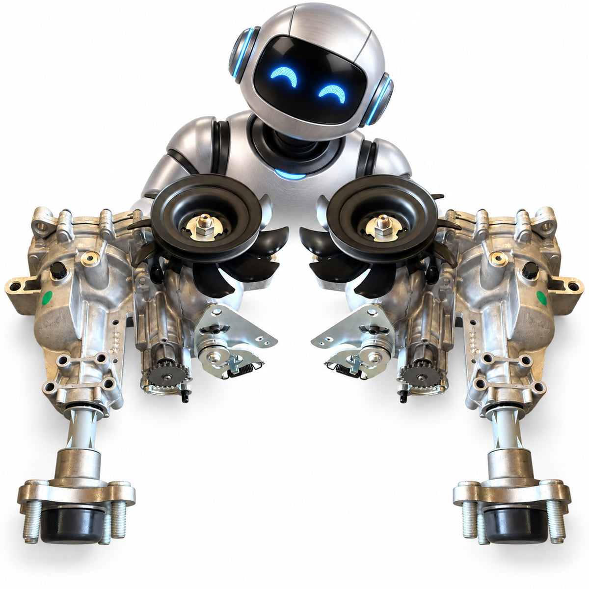 Silver robot overlooking Hydro-Gear EZT transaxles with four-bolt wheel hubs for Ariens and Gravely mowers