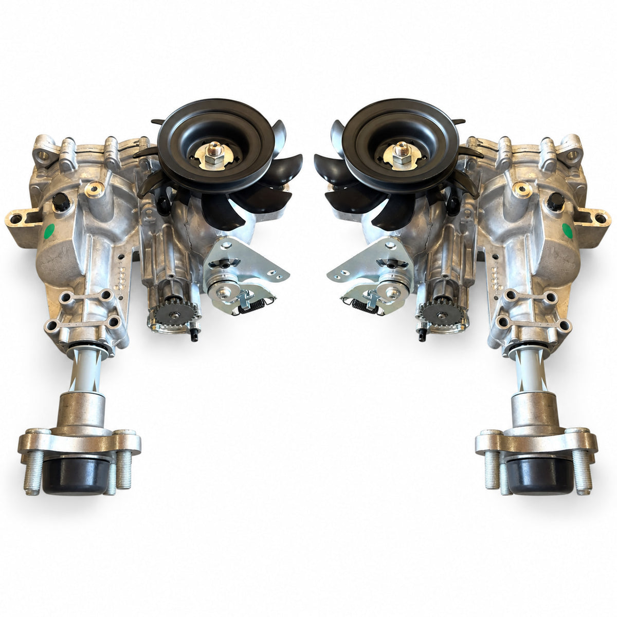Mirrored Hydro-Gear EZT transaxles representing Ariens and Gravely 05291800 left and 05291900 right configurations