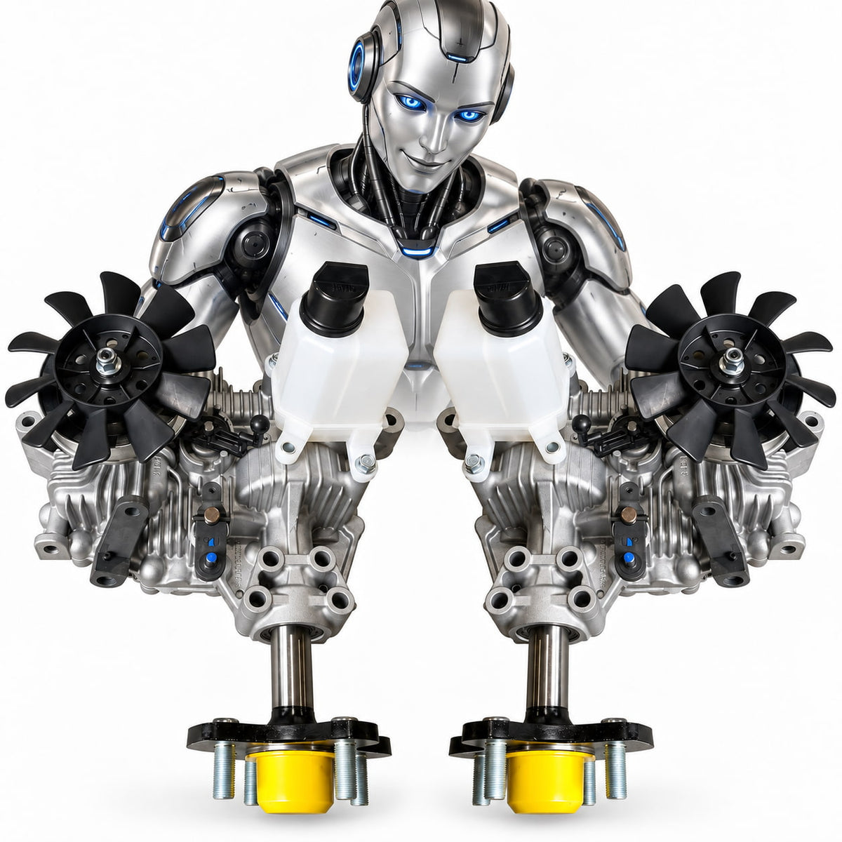 Silver robot overlooking mirrored Tuff Torq transaxles with oil reservoirs and yellow wheel hub caps