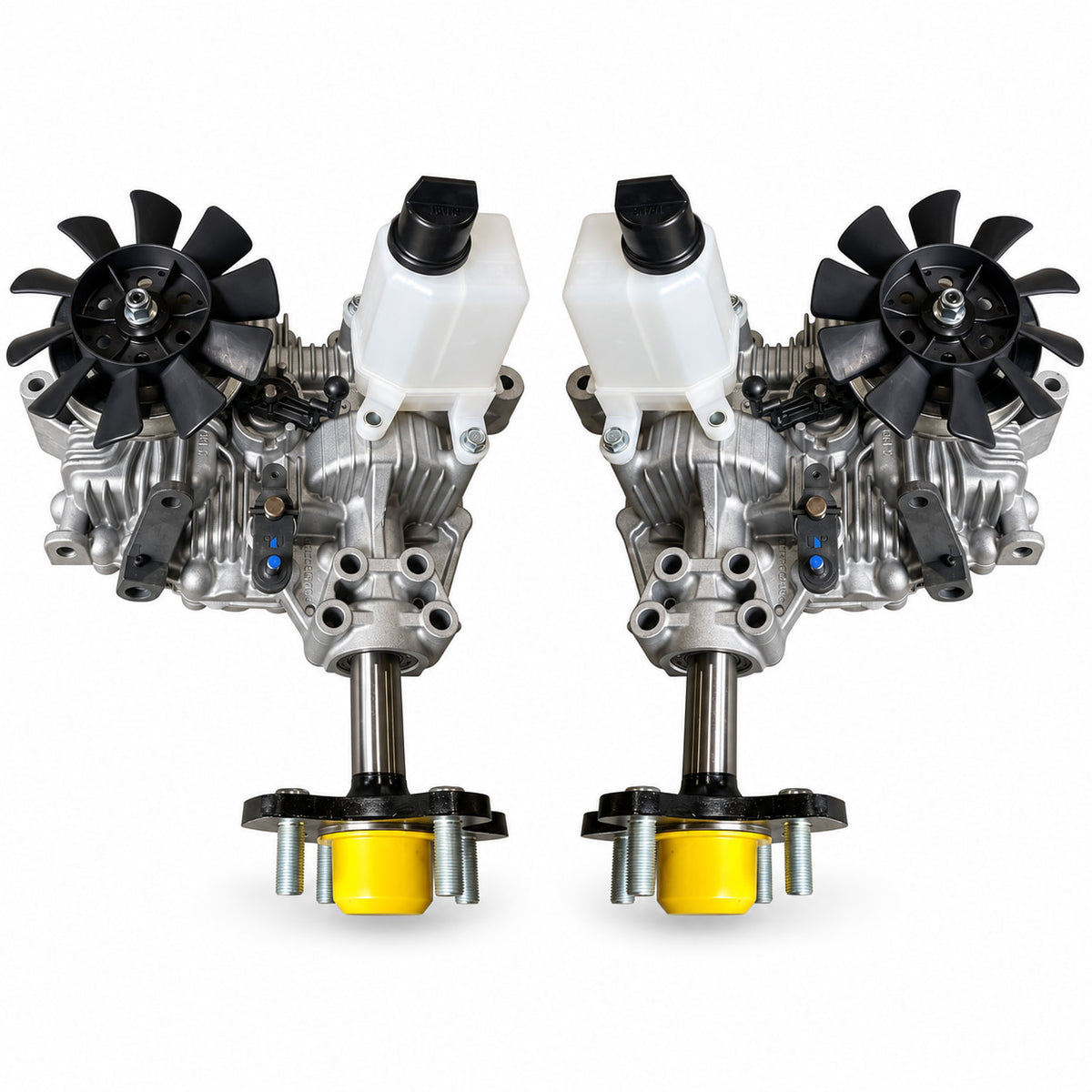 Mirrored view of Tuff Torq transaxles with oil reservoirs, cooling fans and wheel hubs for John Deere