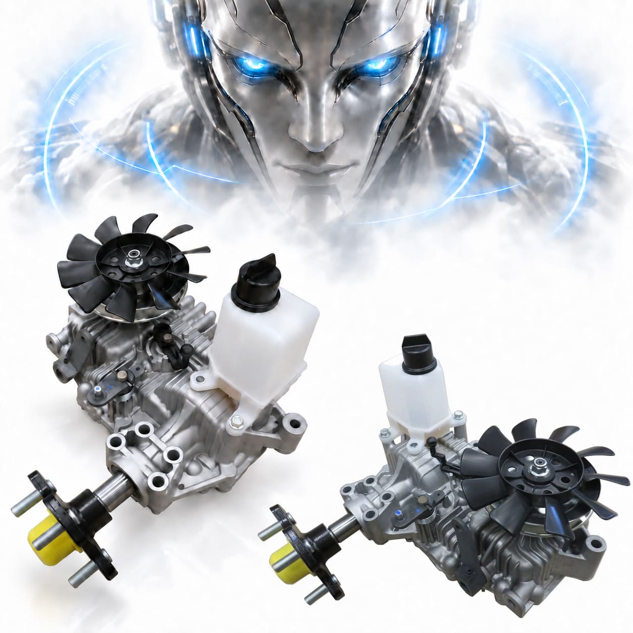 Tuff Torq left and right transaxles for John Deere AUC15341 and AUC15342 beneath a blue-eyed alien robot